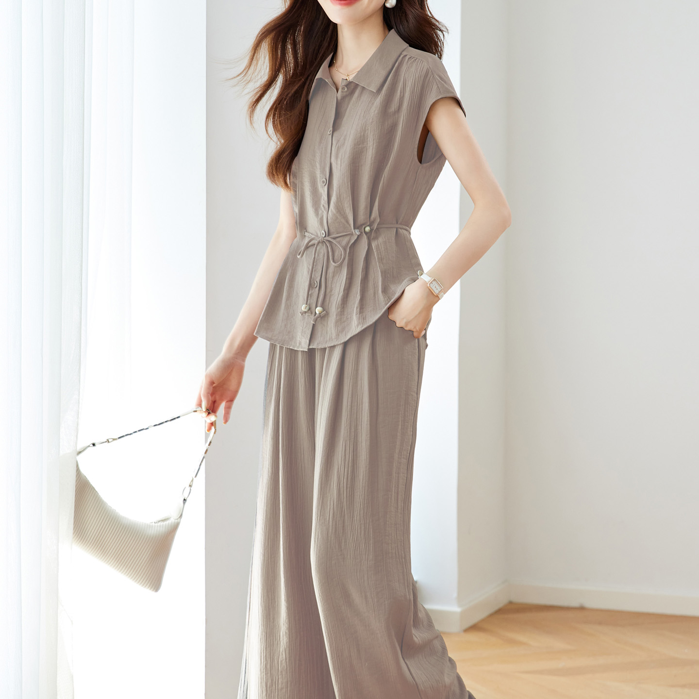 时尚不规则衬衫2025夏季新款遮肉显瘦休闲阔腿裤套装M130