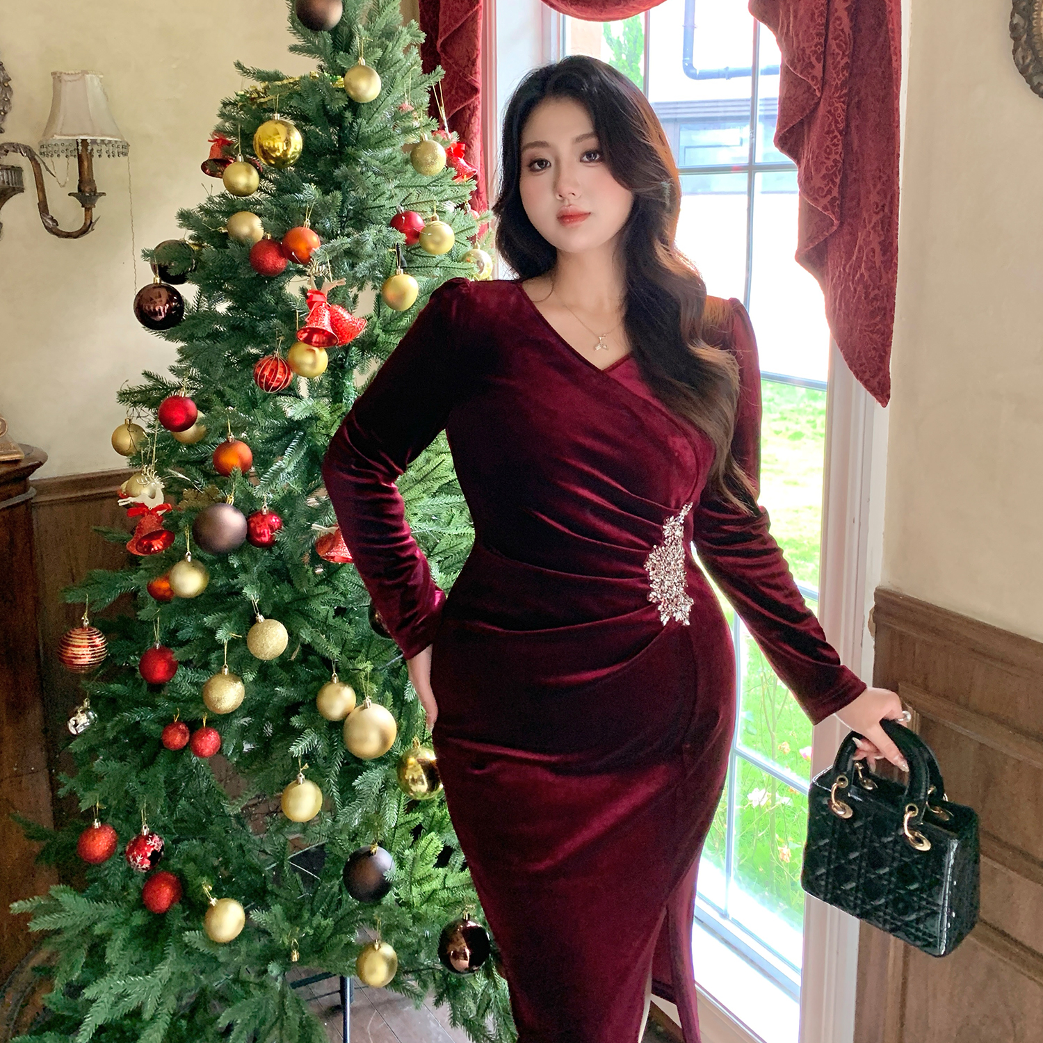 GLEC大码女装酒红色女神范高端水钻金丝绒连衣裙重要场合漂亮裙子