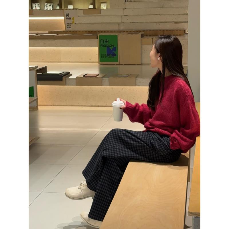 羊毛全松紧腰拼接丝绒格子直筒裤 J25KZ664