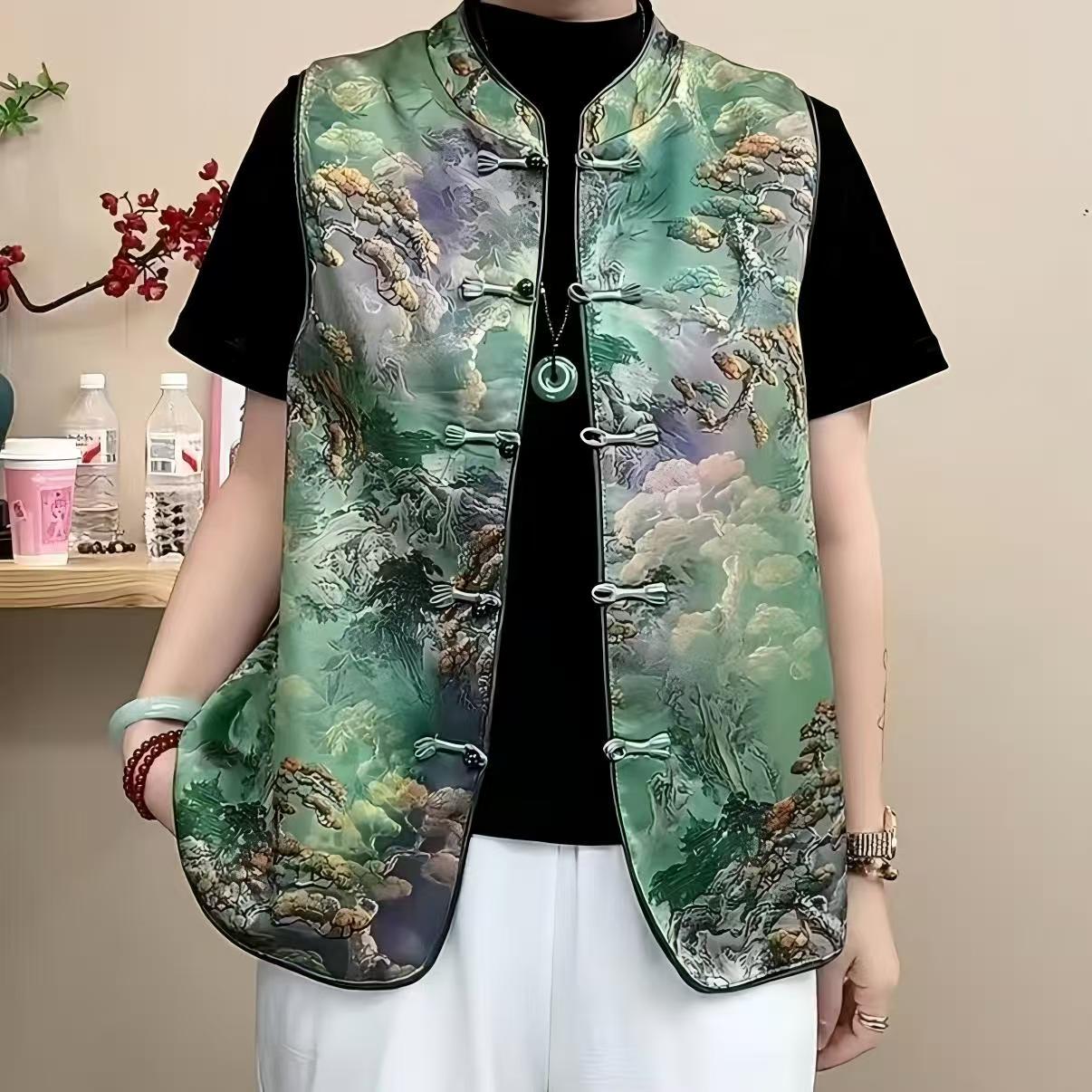 中式国风气质加厚马甲时尚复古提花坎肩背心盘扣新款妈妈无袖上衣