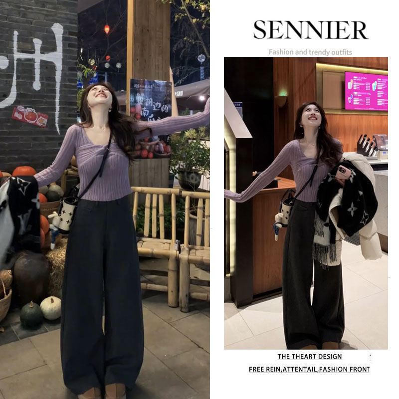 早春温柔系穿搭女2026新款韩版洋气修身针织上衣百搭阔腿裤两件套