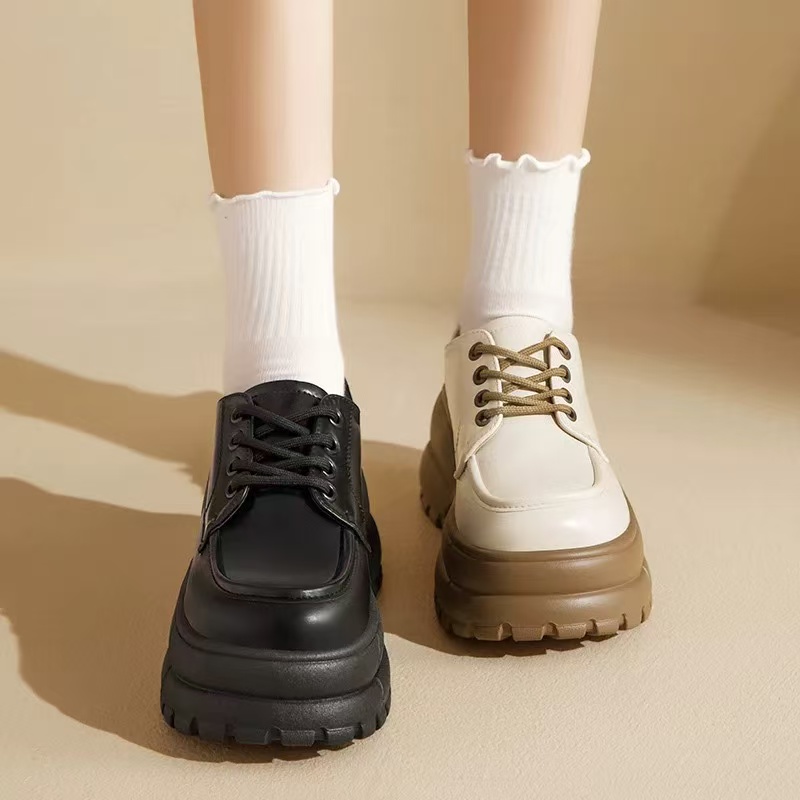 W0822厚底乐福鞋女款2025新款秋季黑色系带英伦小皮鞋加绒单鞋