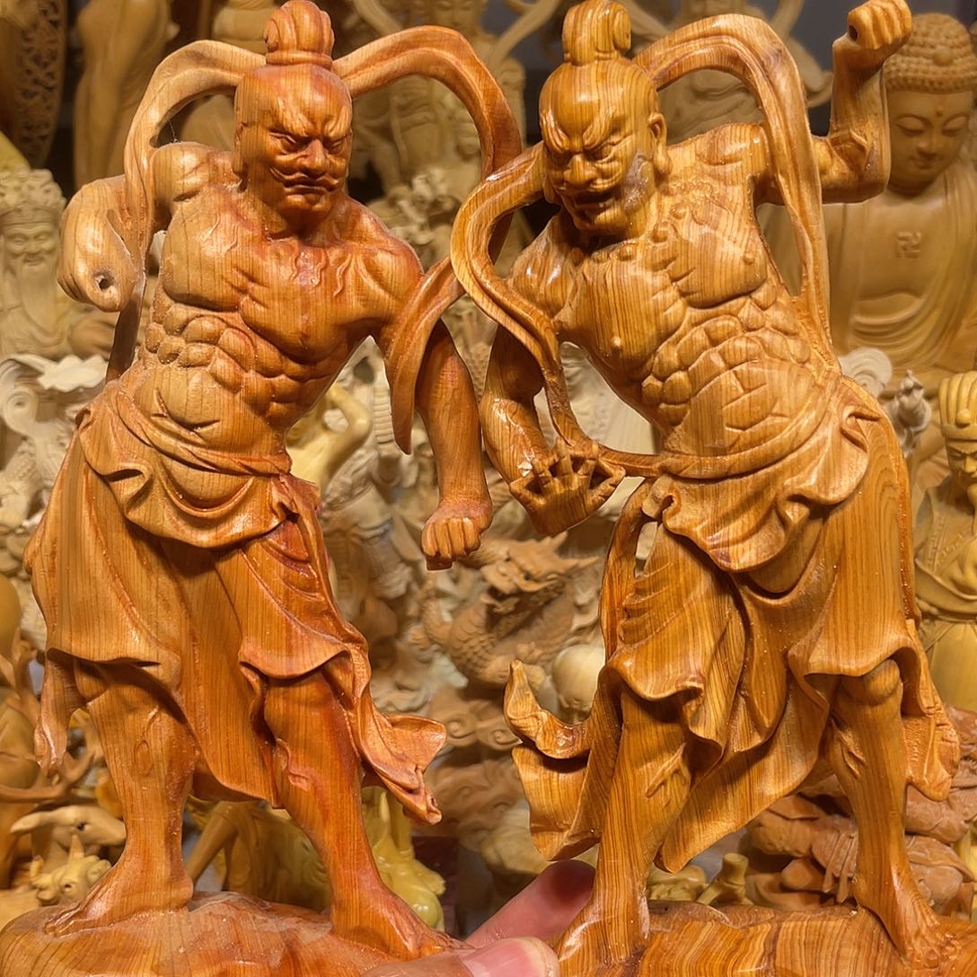 ****天黄杨木瑕疵崖柏哼哈二将一对