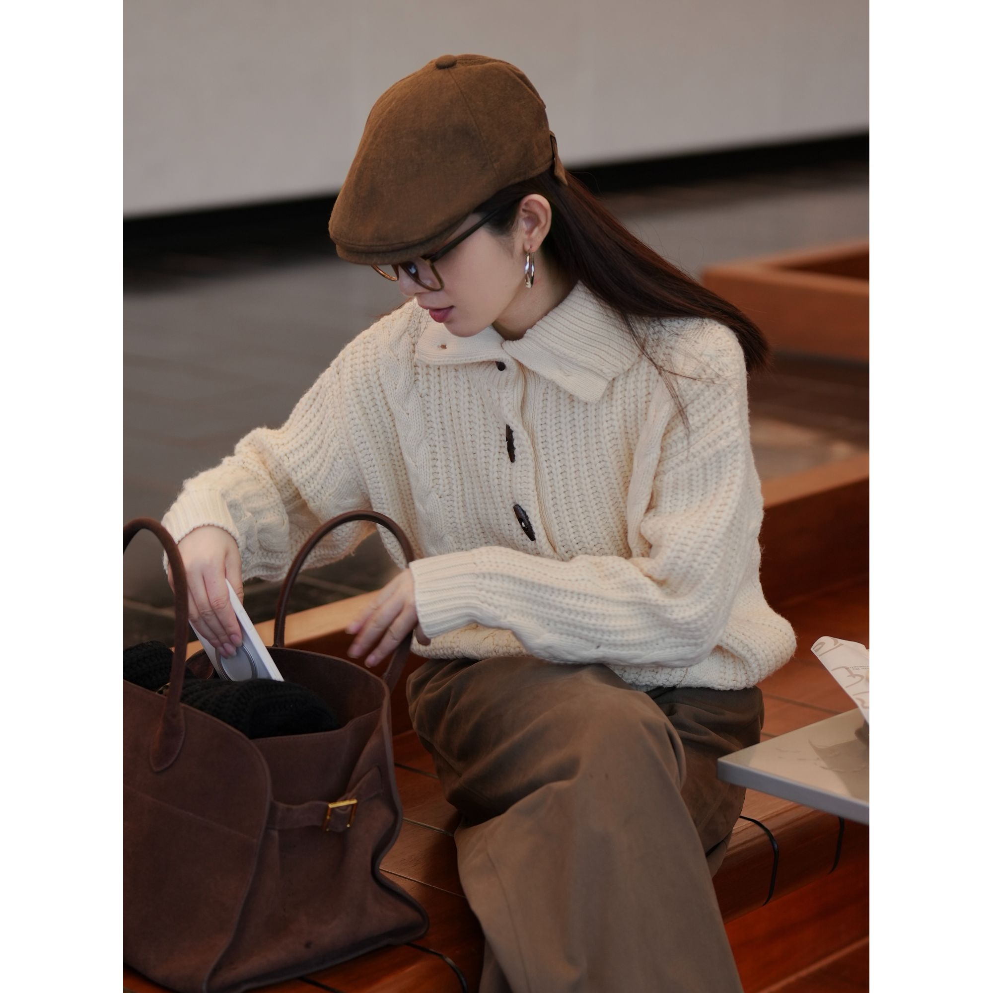 YOI MAGIS【日暮】复古牛角扣手工粗棒针加厚毛衣女秋冬毛织外套