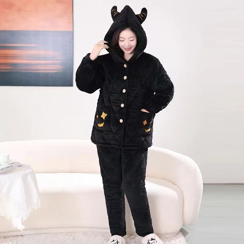 【可爱戴帽款】女冬款松紧带保暖大码卡通家居服套装冬季毛绒睡衣