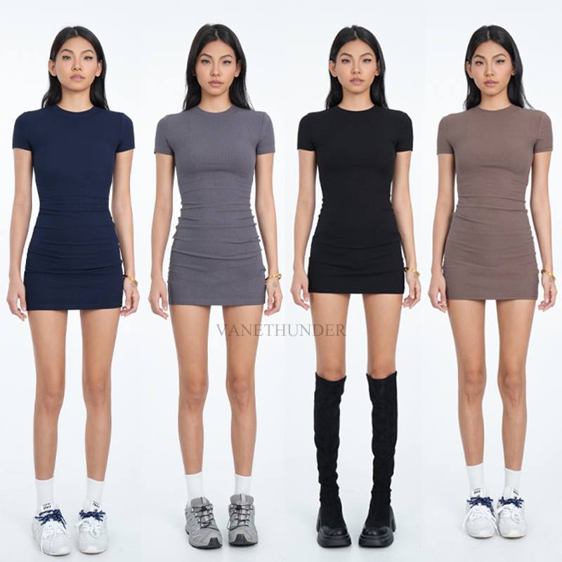 卓婉VANETHUNDER25SS辣妹圆领正肩显瘦短袖包臀弹力连衣裙