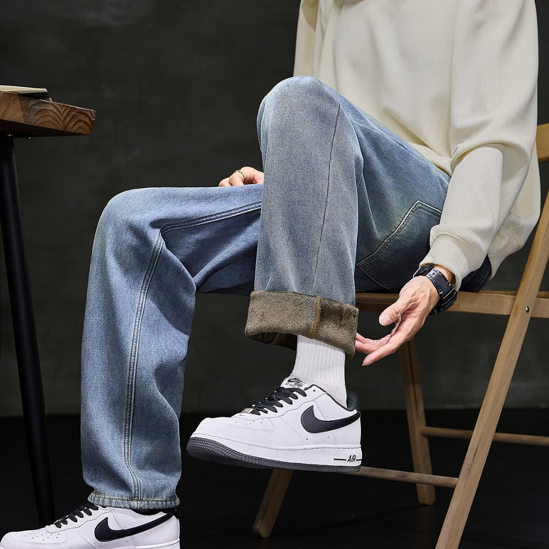 TONLION唐狮秋冬新男牛仔裤宽松潮流加绒复古阔腿裤男裤百搭简约