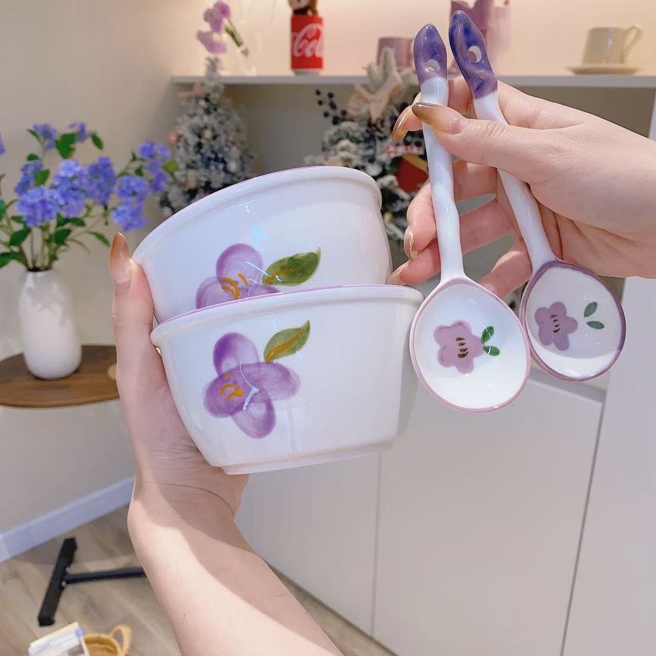 伴花时光陶瓷米饭碗手绘釉下彩餐具家用饭碗4.5英寸2碗2勺