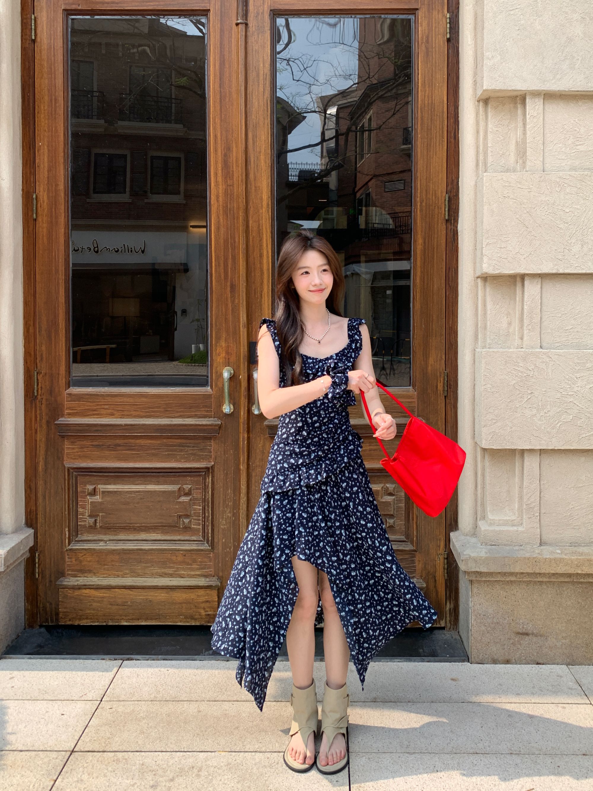 现货Even一雯【时海序章】韩系高智感气质不规则高腰荷叶边连衣裙