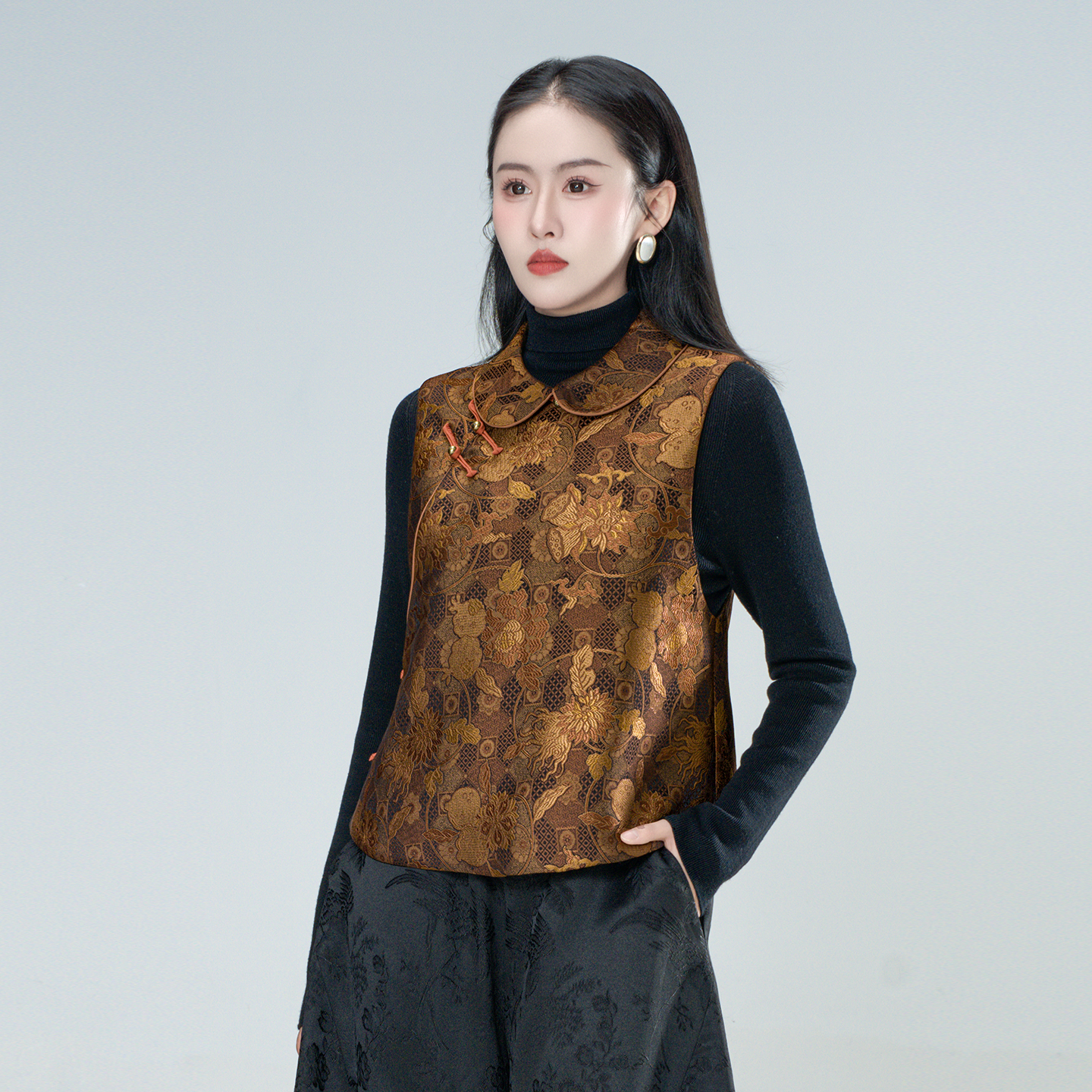 3M棉高效暖绒（金苔）提花刺绣优雅休闲女士高级减龄棉马甲-61751