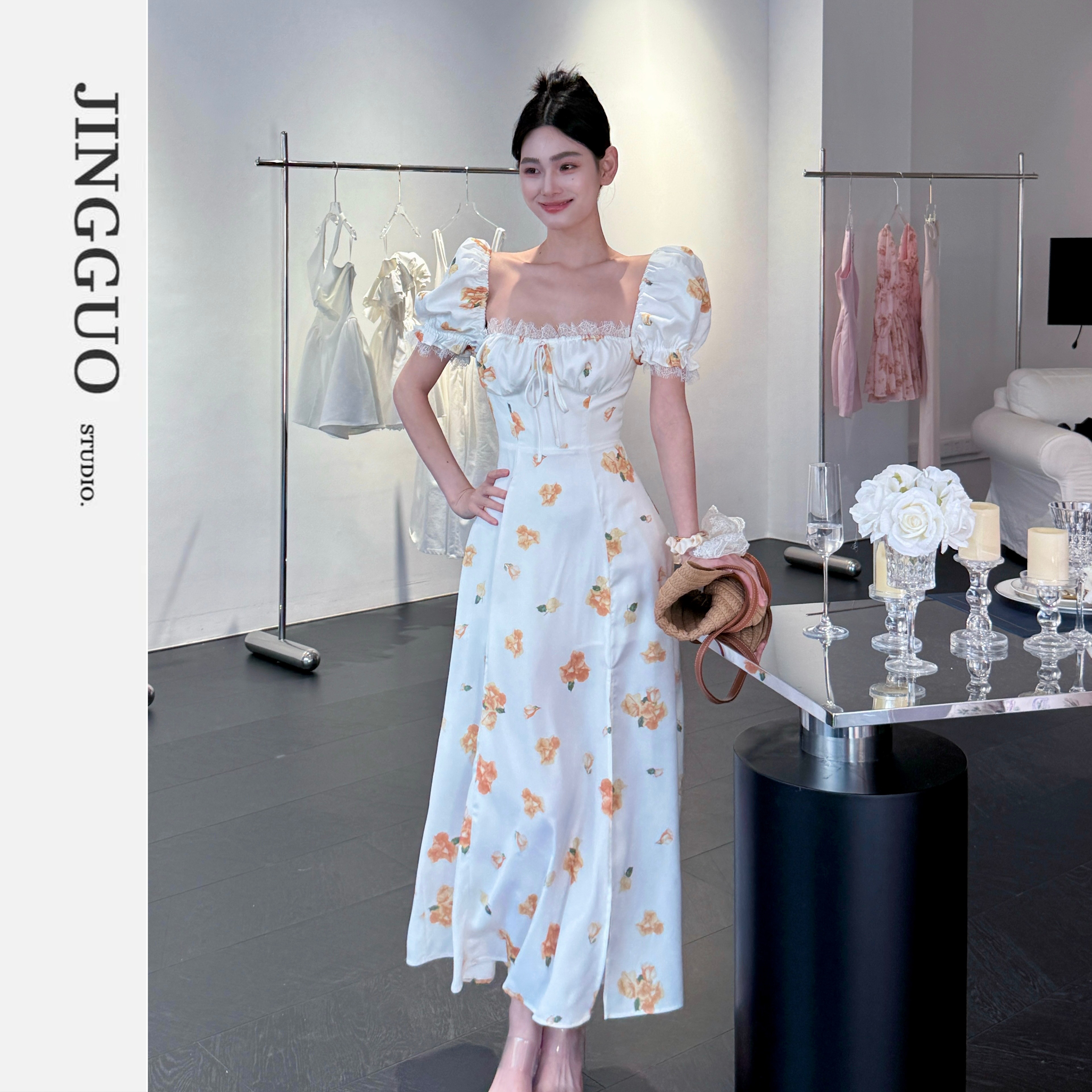 【JINGGUO轻奢】小众设计感度假风黄花方领泡泡袖修身连衣裙7380