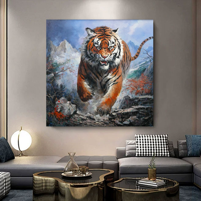 【虎啸山林】客厅沙发背景墙装饰画的肌理版画玄关墙壁挂画