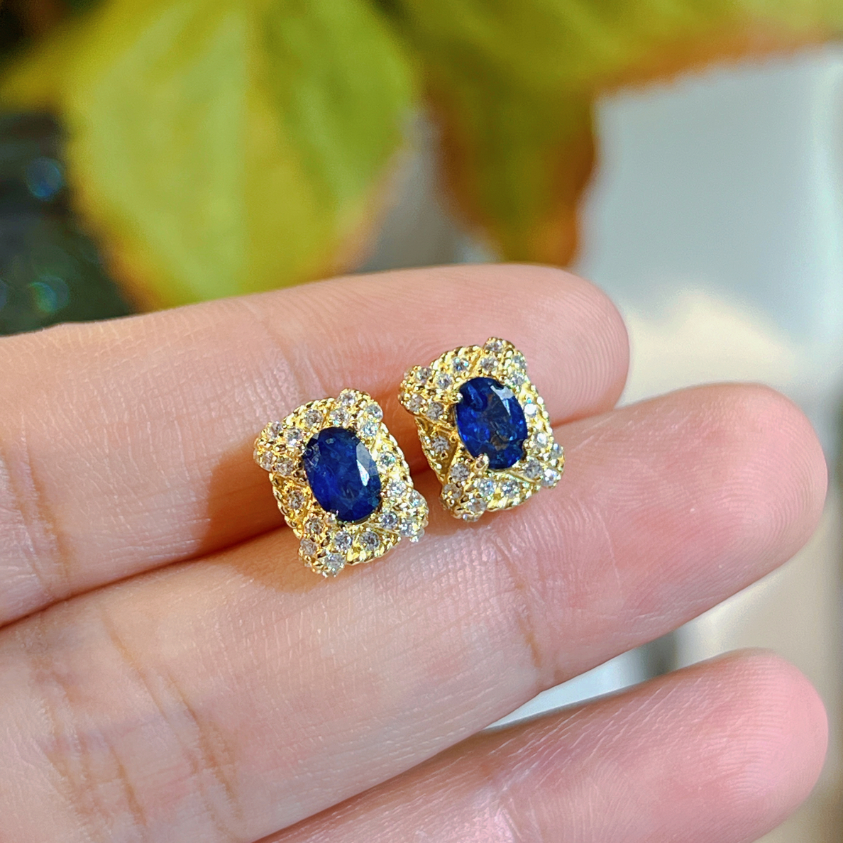 925银镶嵌1.4ct天然蓝宝石方形耳钉轻奢气质高级感耳饰