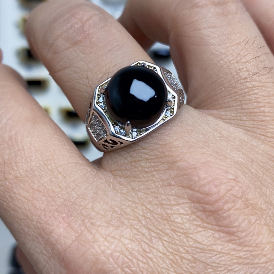 翡翠银S925镶嵌戒指墨翠戒指