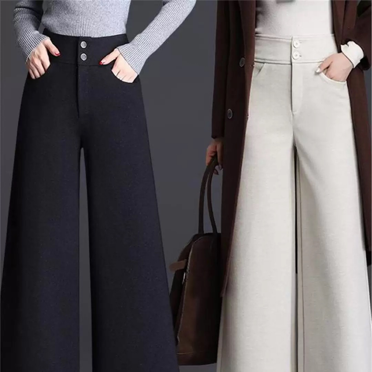 加绒加厚宽松羊毛呢直筒阔腿裤女秋冬2025新款时尚长裤休闲裤