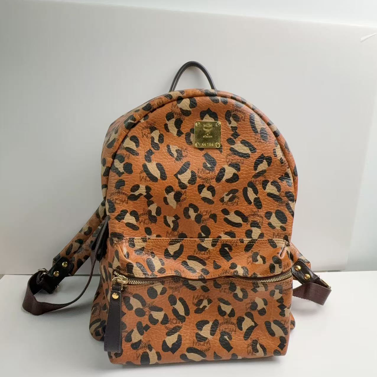 95新 MCM mcm豹纹大号双肩包