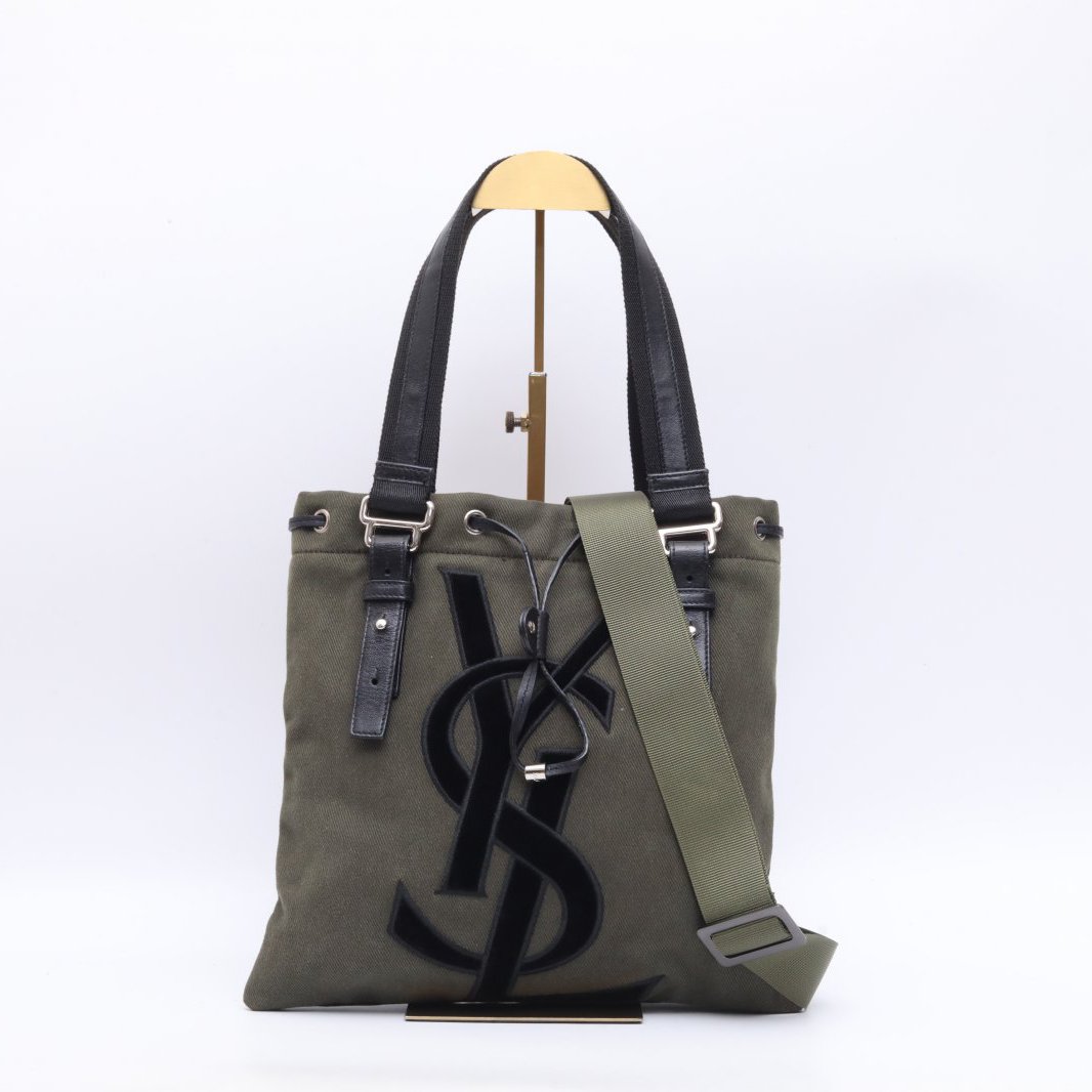 99新 YSL/圣罗兰 活动黑黑438071 墨绿色抽绳托特包