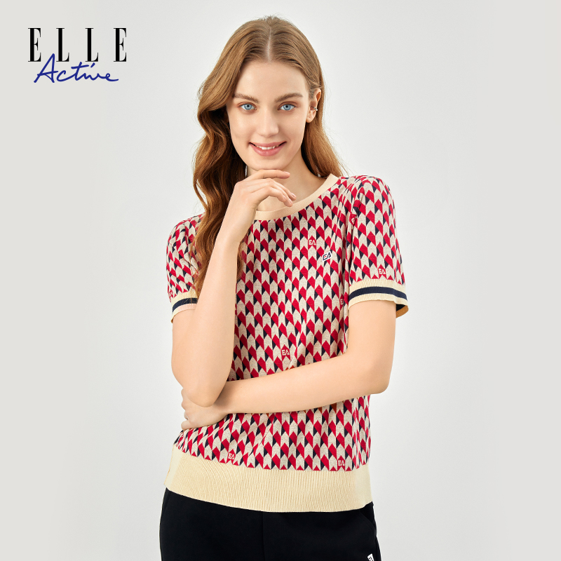 ELLE Active【菱纹撞色 宽边下摆 】25新款短袖针织衫设计感圆领T恤