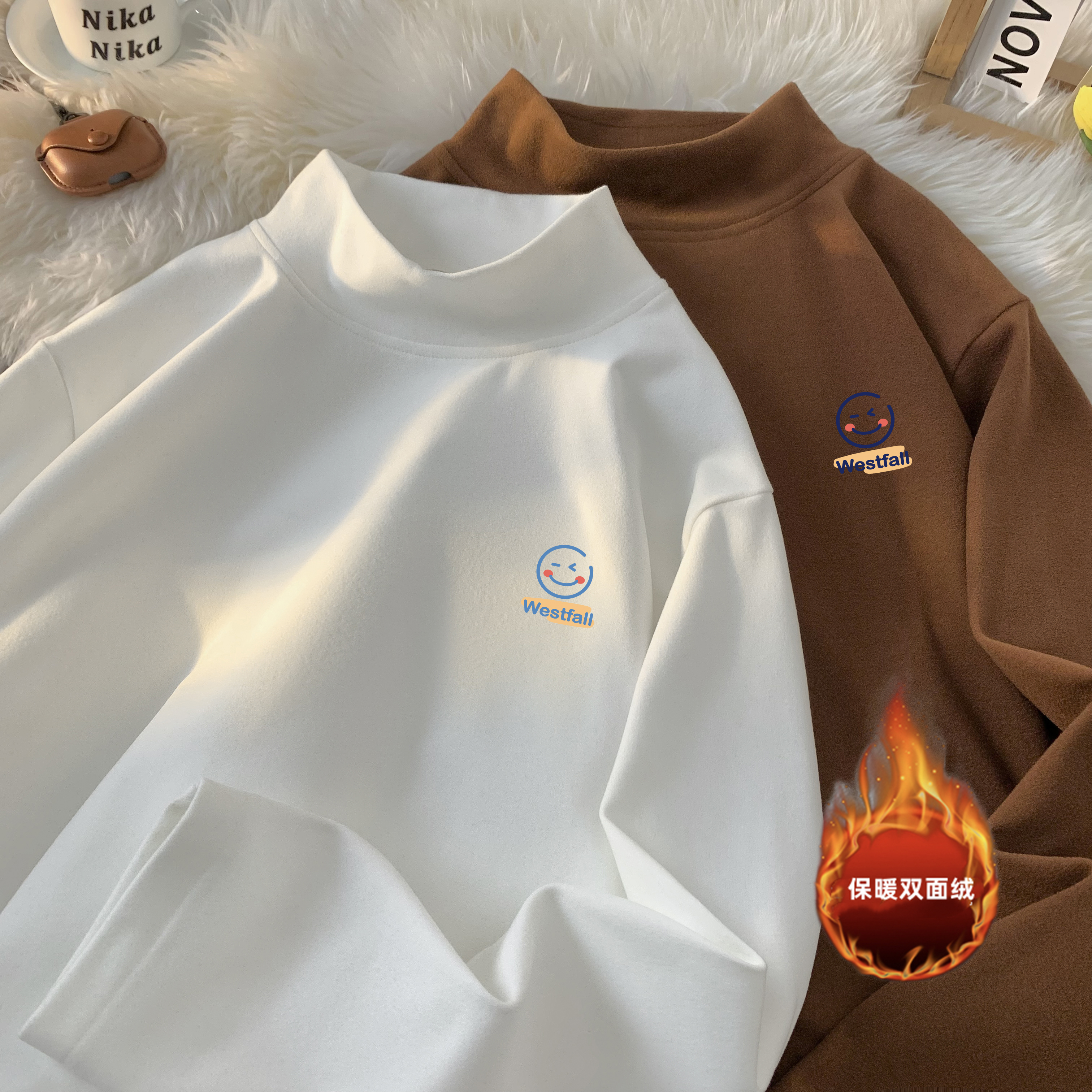 半高领德绒打底衫男款秋冬重磅保暖纯色长袖T恤美式潮牌百搭内搭