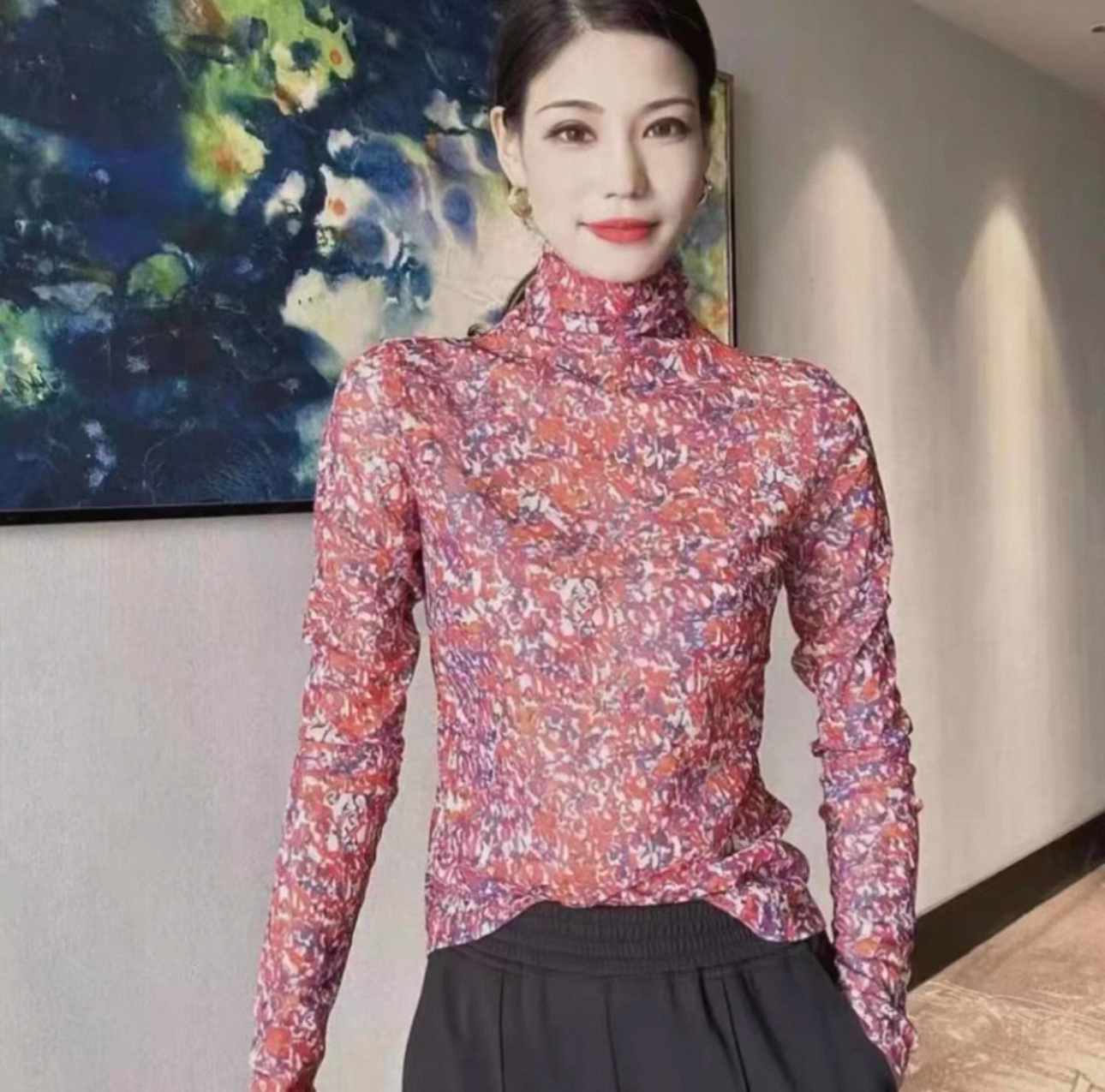 商场同款四季百搭款时尚字母高领造型纱衣打底衫T恤5300587