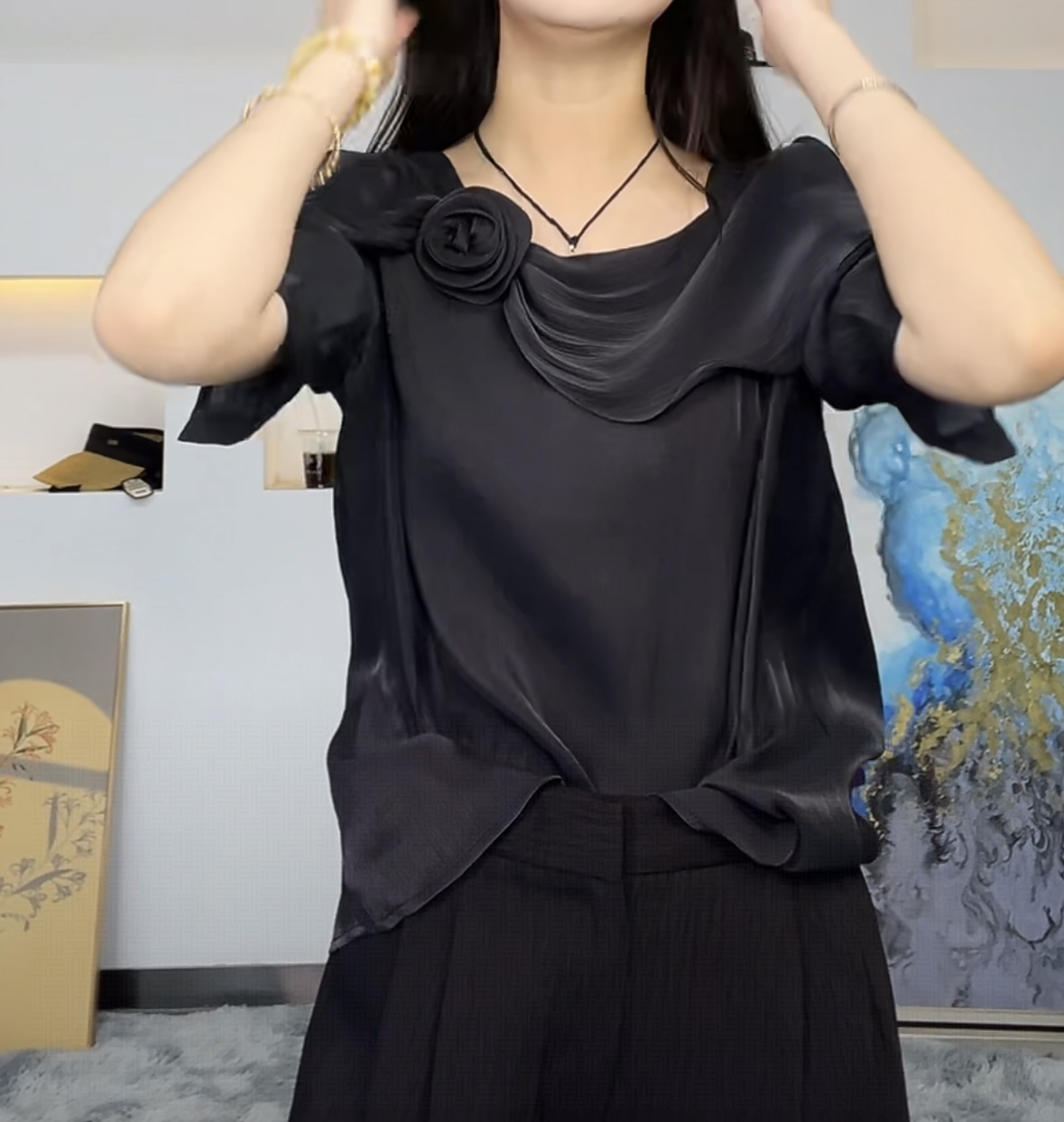 D50113南油爆款气质显瘦方领短袖上衣