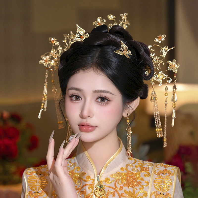 G199头饰秀禾2025新款简约中式龙凤褂新娘头饰结婚秀禾服头饰金色