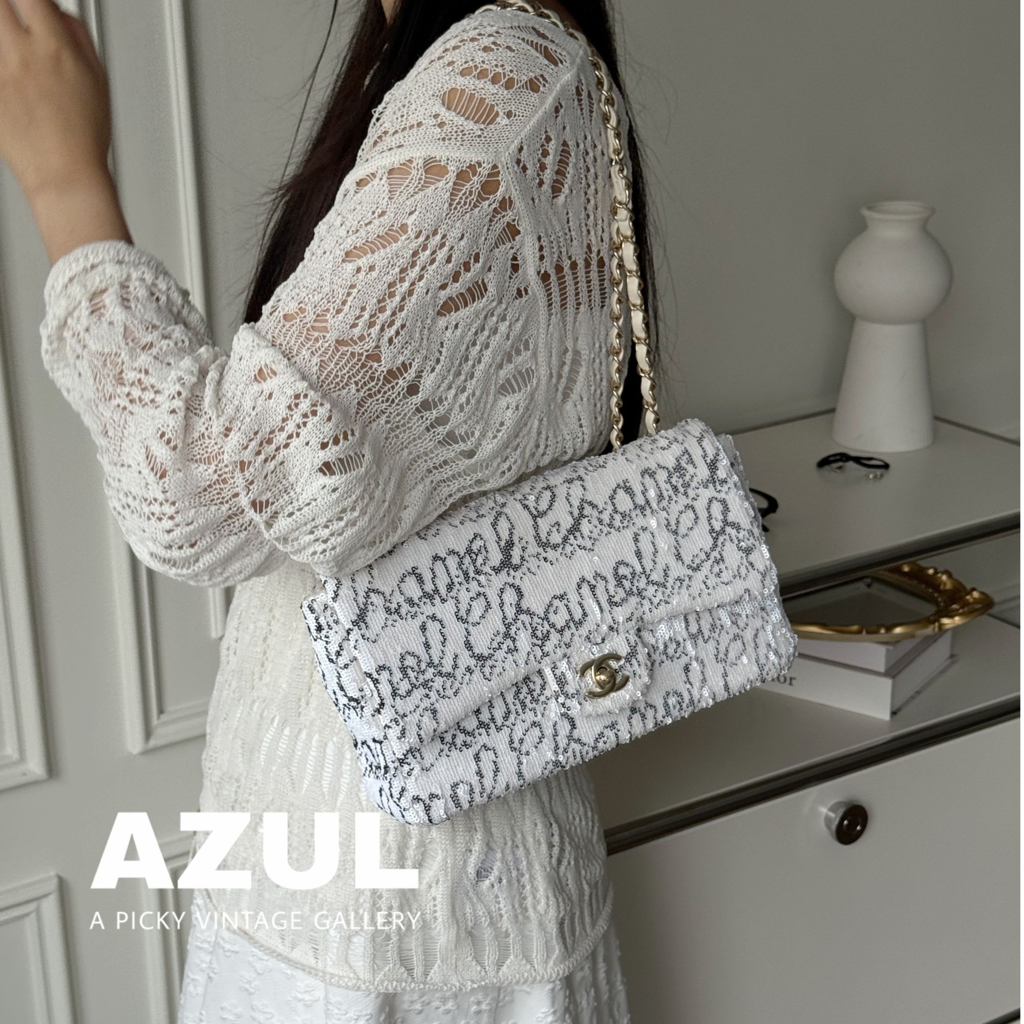 95新 Chanel/香奈儿 Azul - 22C黑白亮片金扣CF中号链条包 36306 