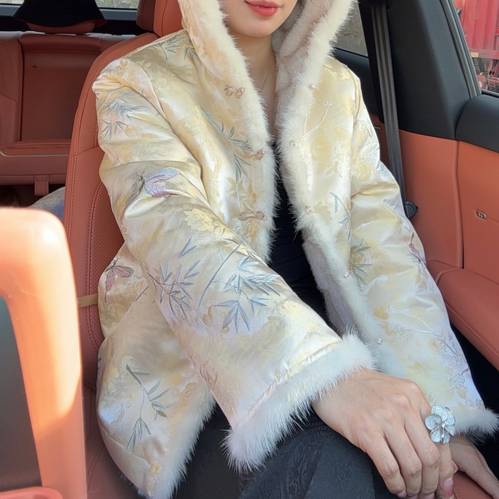 【花蝶风竹】冬季新中式国风水貂毛高级连帽双面穿女装外套-B