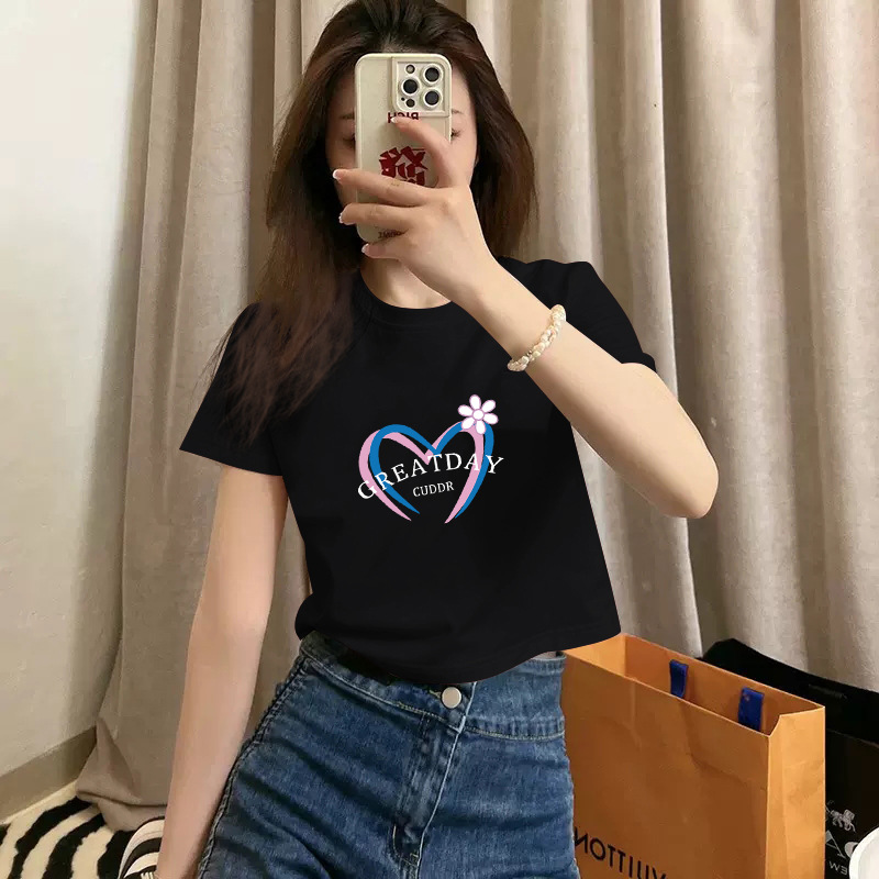 螺纹女生女装T恤短款休闲女士新款印花短袖