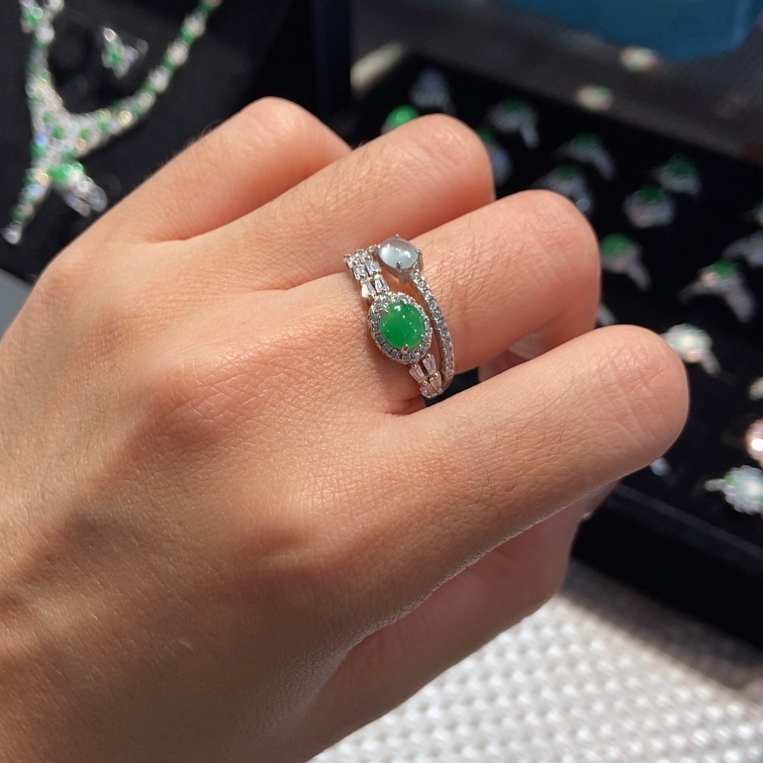 翡翠银S925镶嵌戒指天然缅甸