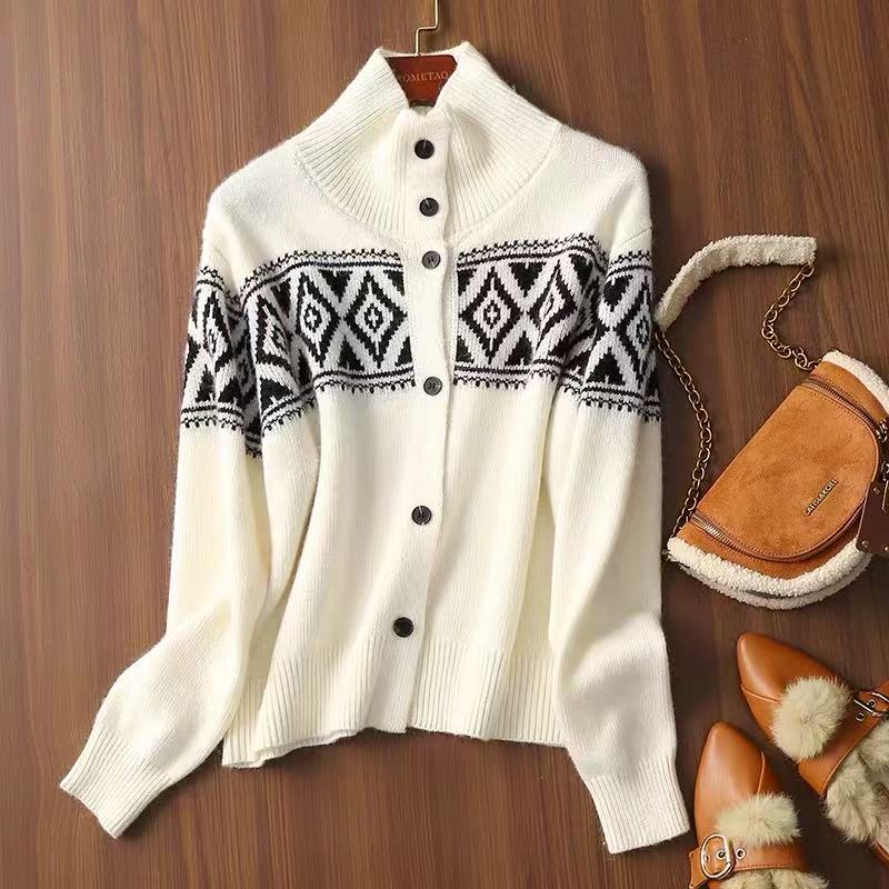 2025秋冬欧洲站羊毛高领长袖单排扣提花宽松百搭针织开衫上衣