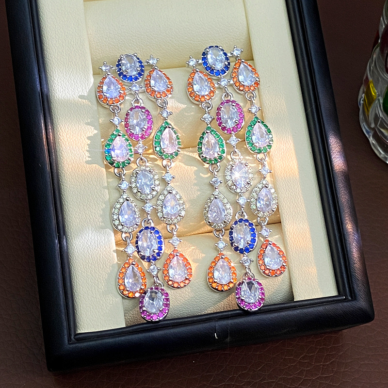 铜合金合成锆石耳饰 时尚宴会长款水滴流苏耳环