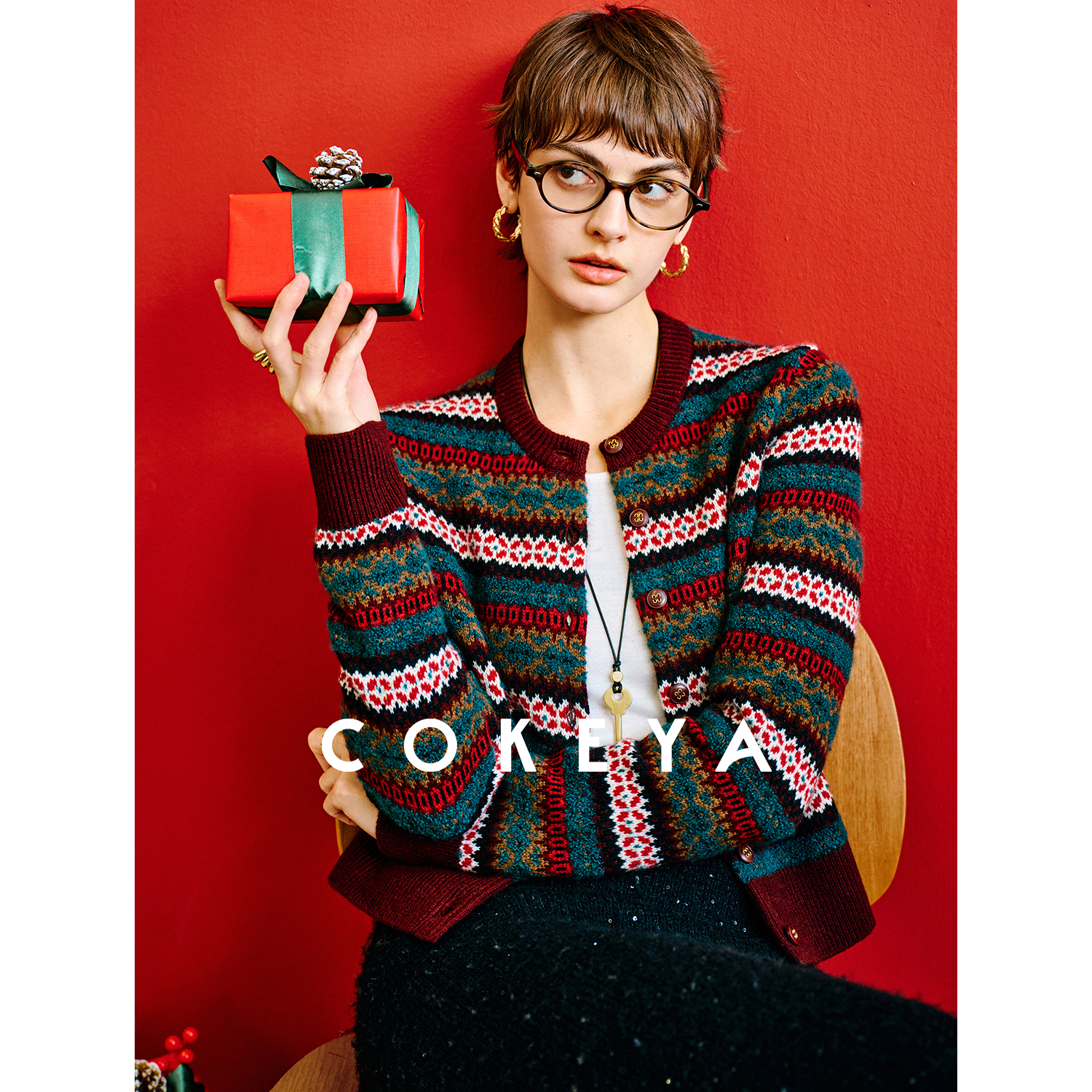 COKEYA/镇店精纯~康宝莱7针费尔岛提花山羊绒围巾针织开衫女秋冬