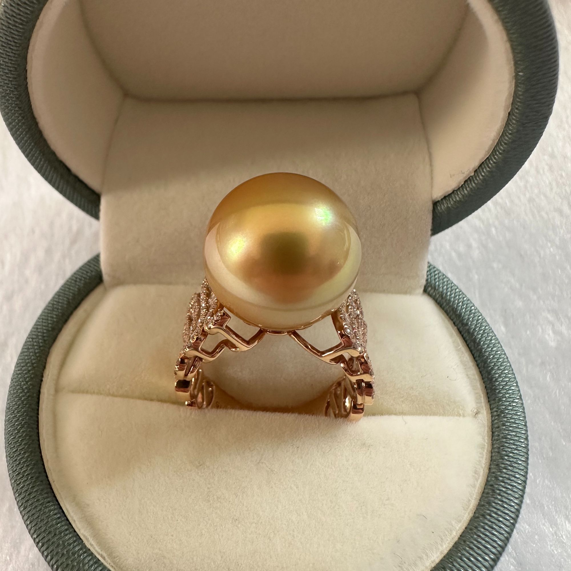 海水珍珠南洋金珠戒指18k金镶14.7mm正圆强光浓茶金时尚优雅贵气