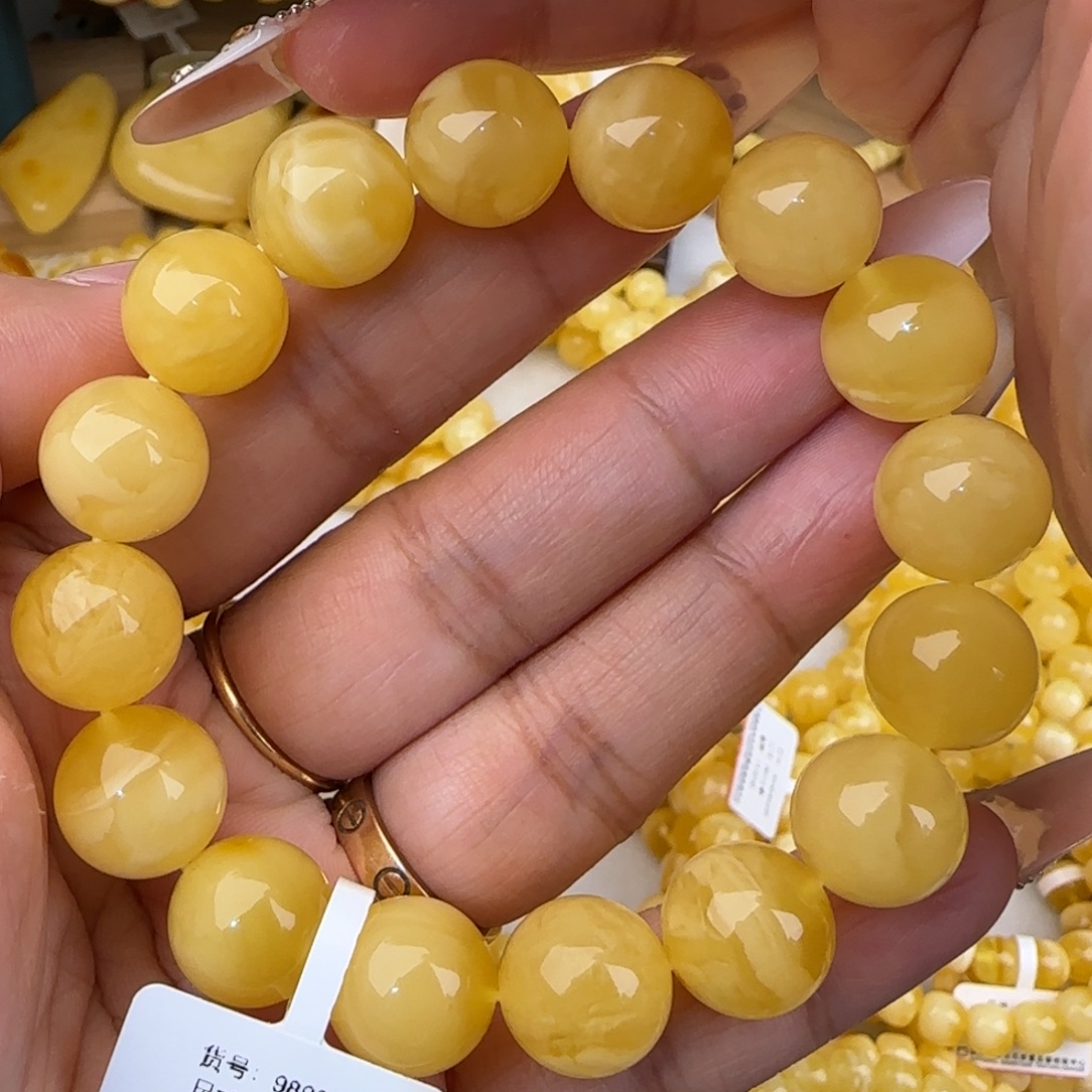 蜜蜡未镶嵌手串白花圆珠手串
