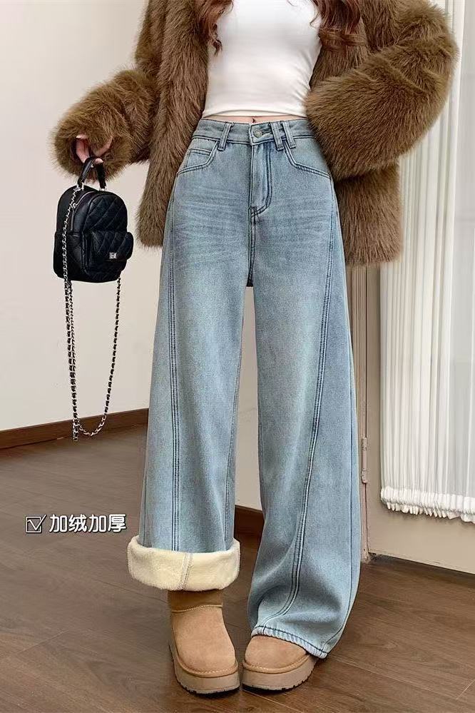 2025年冬加绒加厚弯刀阔腿牛仔裤女高腰显瘦直筒拖地长裤子