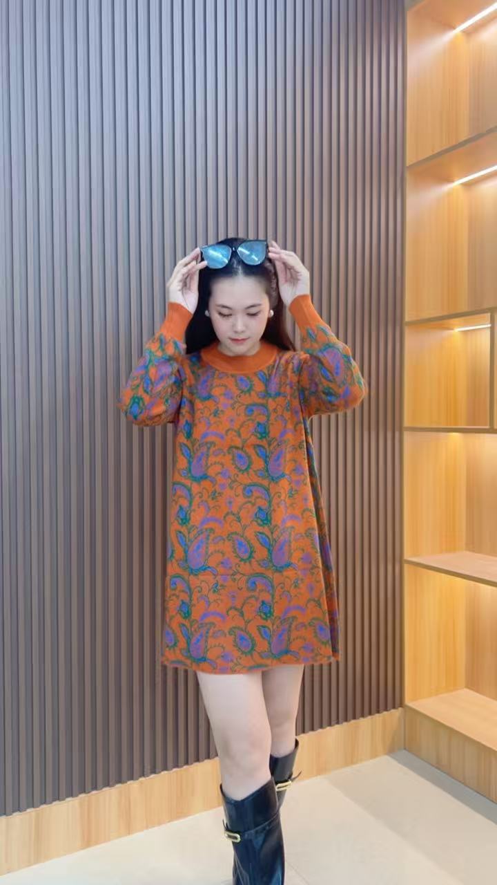 521秋冬长袖中长裙中长款民族风中老年女装休闲风常规圆领时尚风