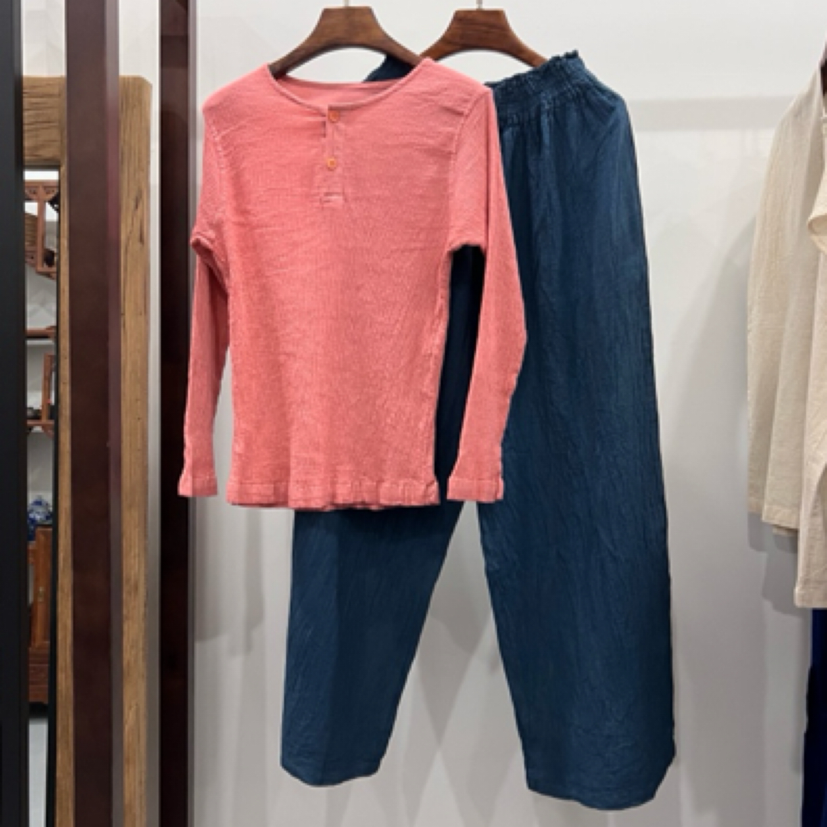 【正品】台湾文创植物棉麻手染有袖皱衣配宽裤M