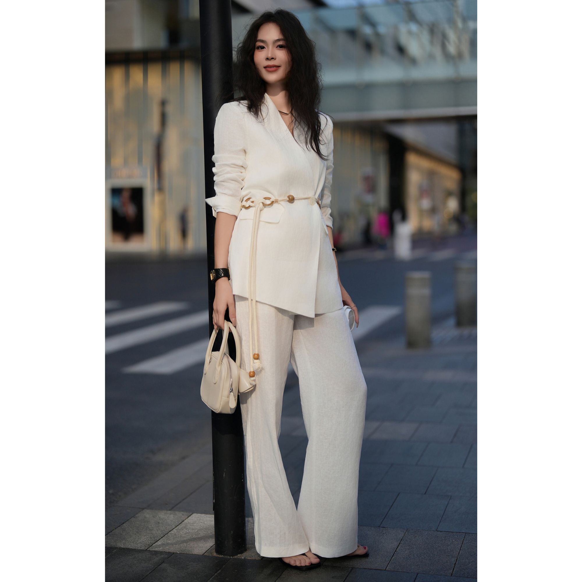 ZEROYK时尚套装女2025春夏新款设计感亚麻西服长裤气质通勤两件套