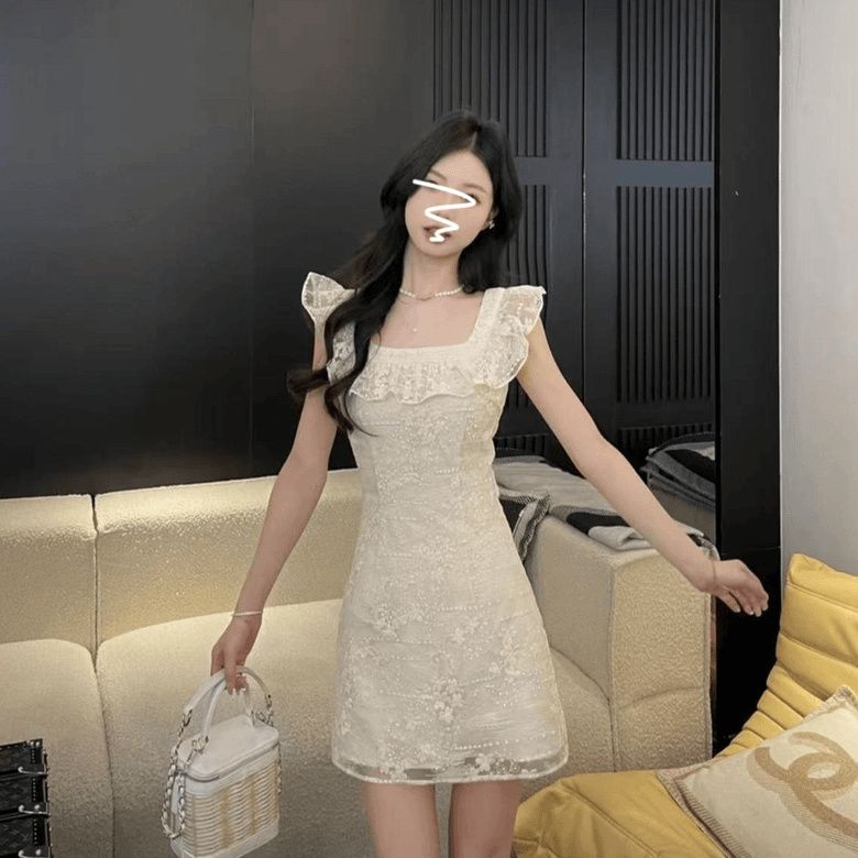 荷叶边刺绣连衣裙女夏季新款法式蕾丝气质A字裙收腰显瘦短裙