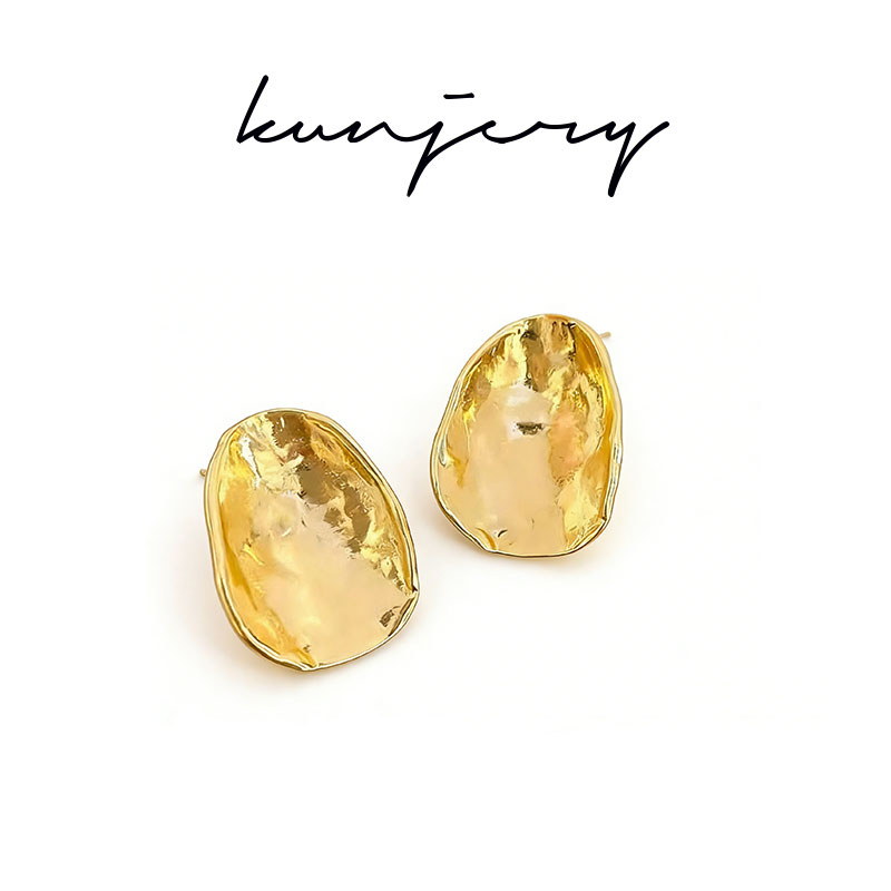 铜合金耳饰 金色质感极简肌理夸张大耳钉 港风时髦气质潮椭圆耳环