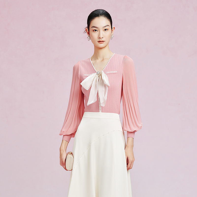 【商场同款】La Koradior拉珂蒂春季新款纯色法式系带精致长袖小