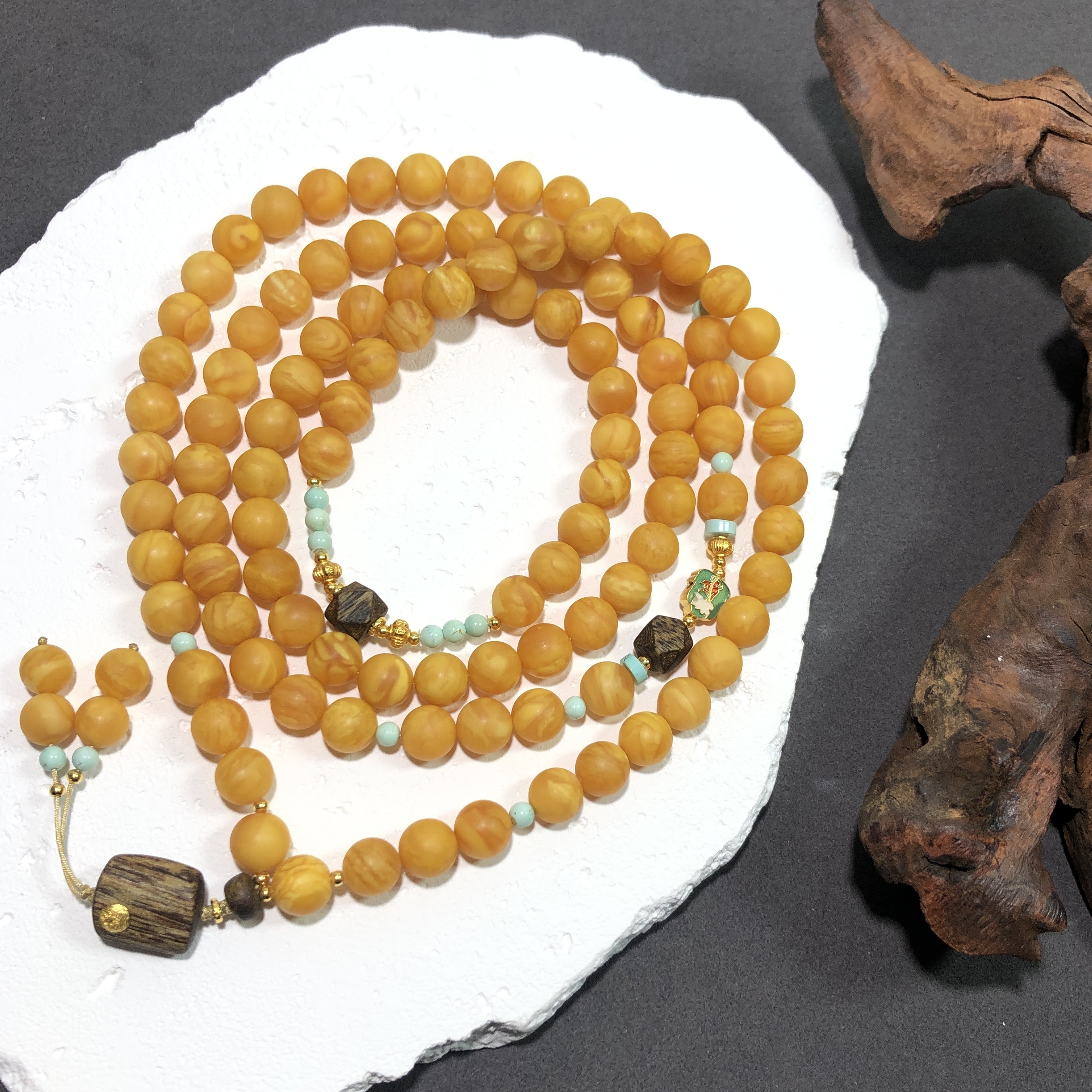 【亿轩珠宝】ZX128003石膏橘皮花蜡108毛衣链diy沉香&绿松9mm+