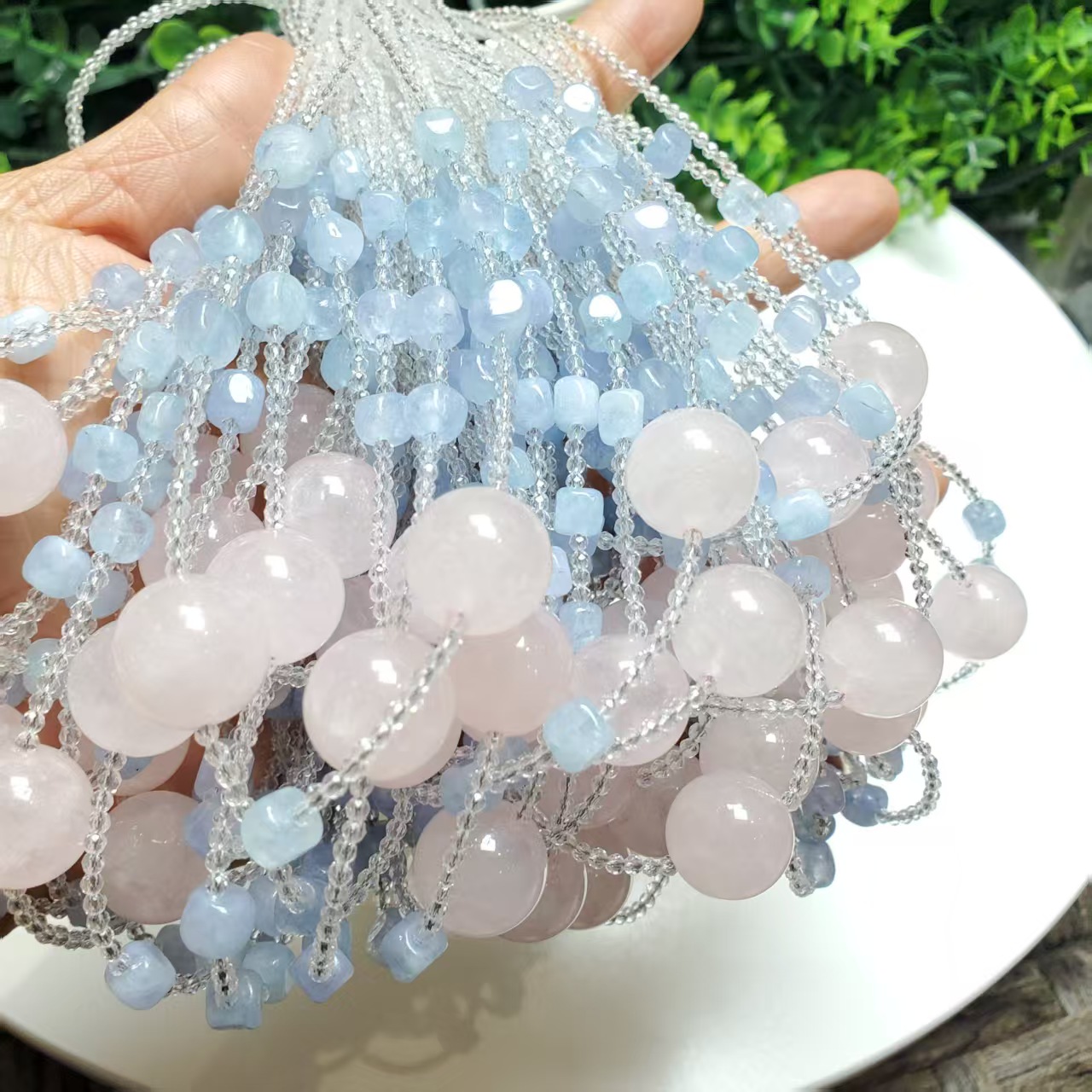 S910【赵小姐】时尚百搭粉水晶蓝水晶项链