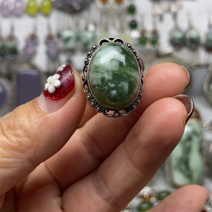 蛇纹石玉戒指银S925镶嵌
