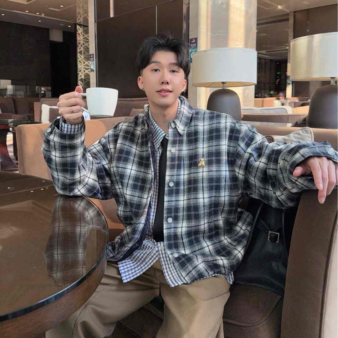 陈大富黑白格子夹棉衬衫外套男2026冬季宽松日系百搭男生棉衣夹克