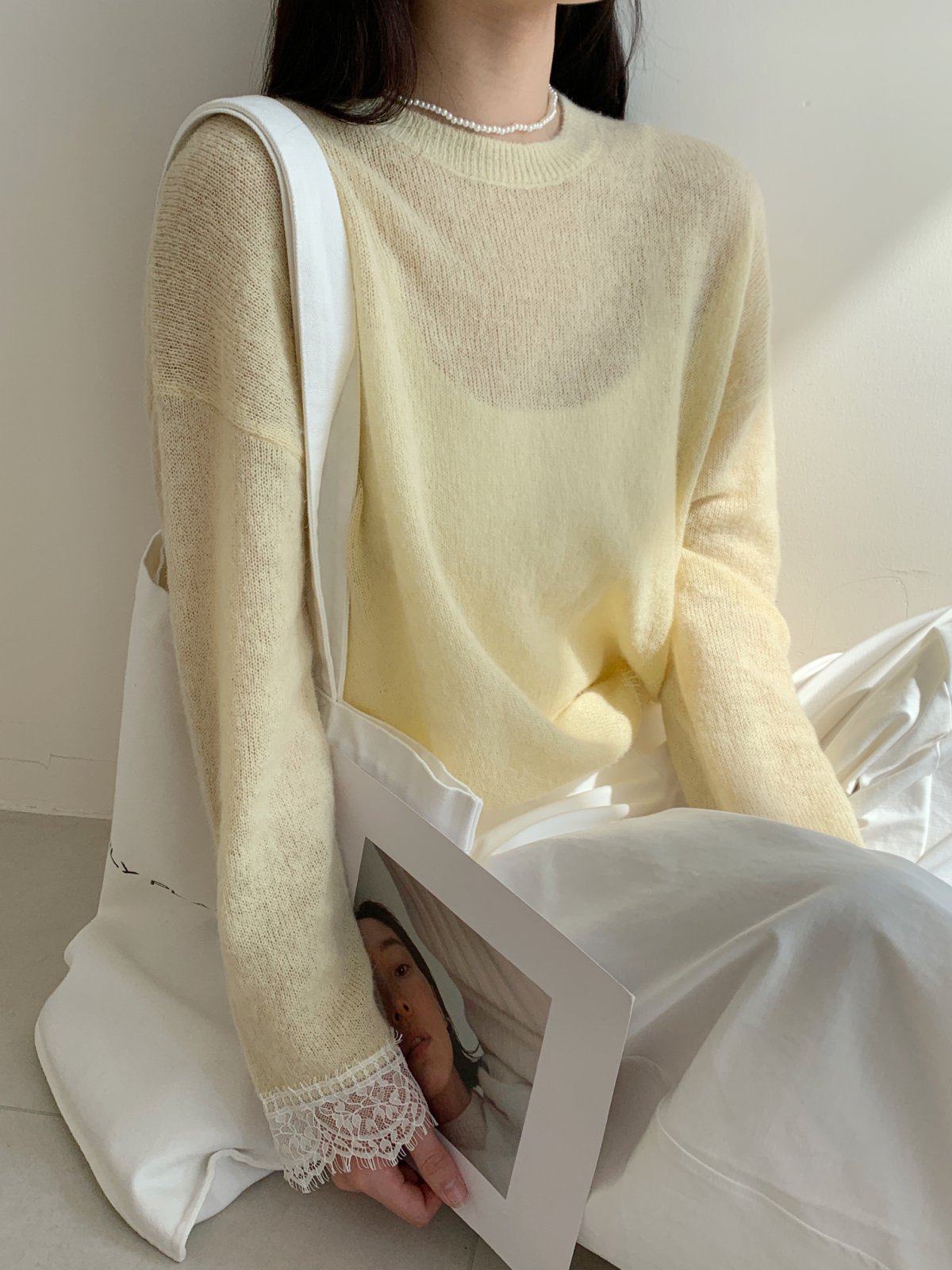 【素简.960160】春款上新丝光马海毛花边蕾丝袖绵羊毛混纺针织衫