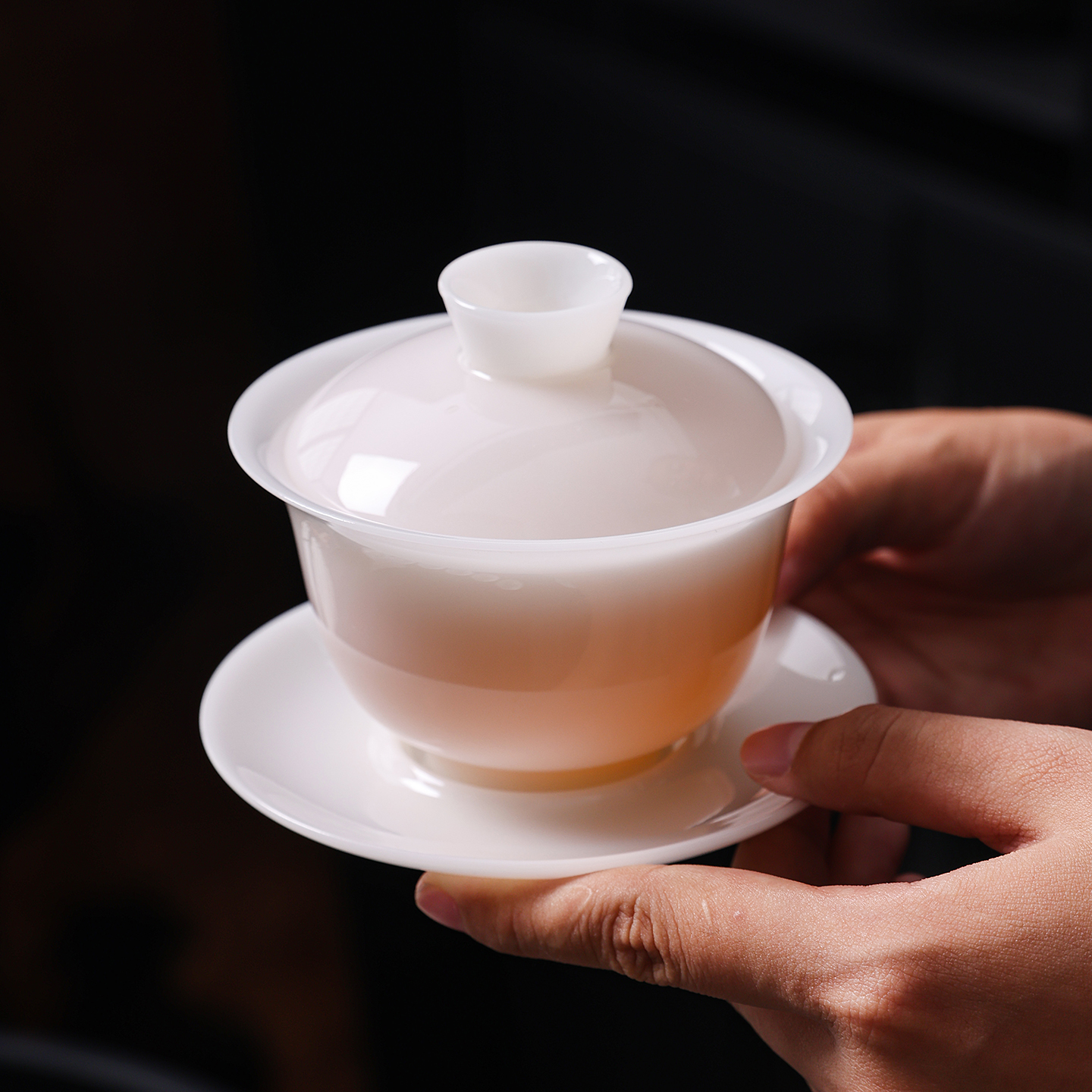 璞玉玉瓷冰种白瓷盖碗茶杯中式茶具可悬停旋转家用办公会客室泡茶