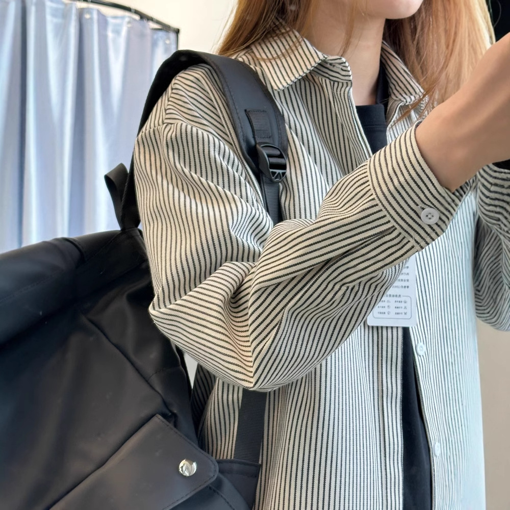 复古条纹长袖衬衣男春秋季高品质衬衫男女同款休闲宽松开衫外套男
