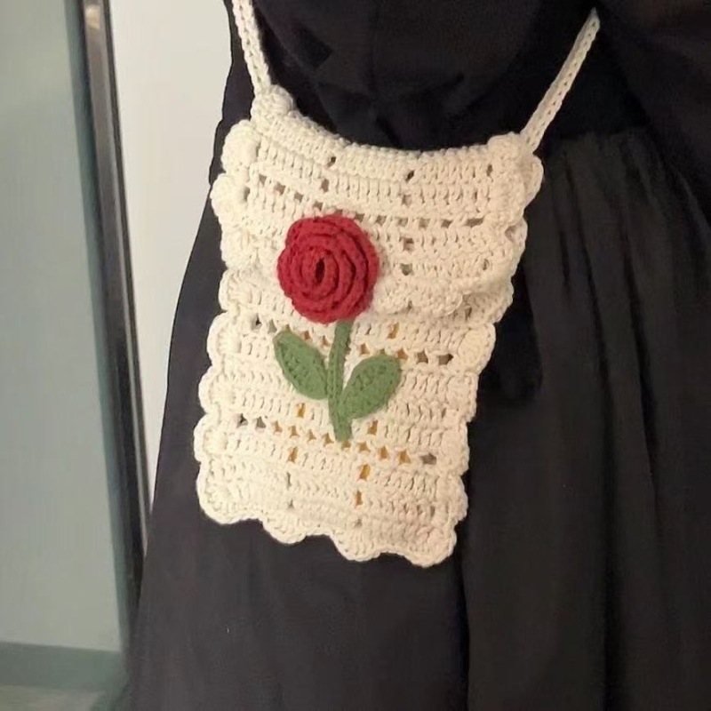 （材料包）玫瑰手机包diy手工材料毛线钩针玫瑰花包挂件斜挎包零钱